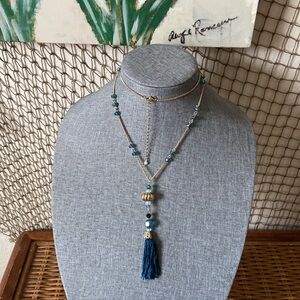 Vintage AVON Blue Crystal Beads Teal Tassell Necklace